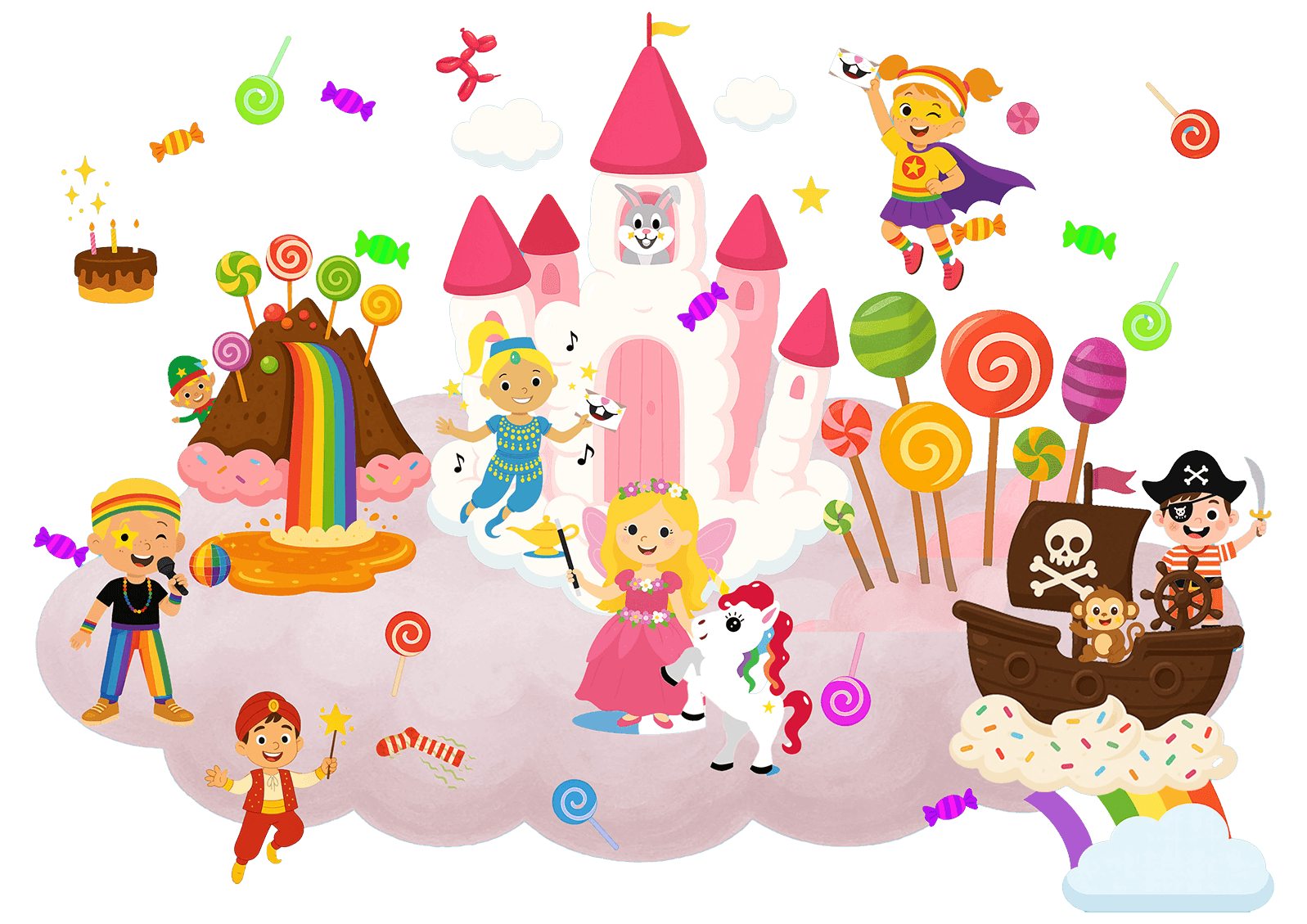 Genie Mackers Land featuring magical characters, candy castle, unicorn, pirate ship, and children's fantasy adventures.
